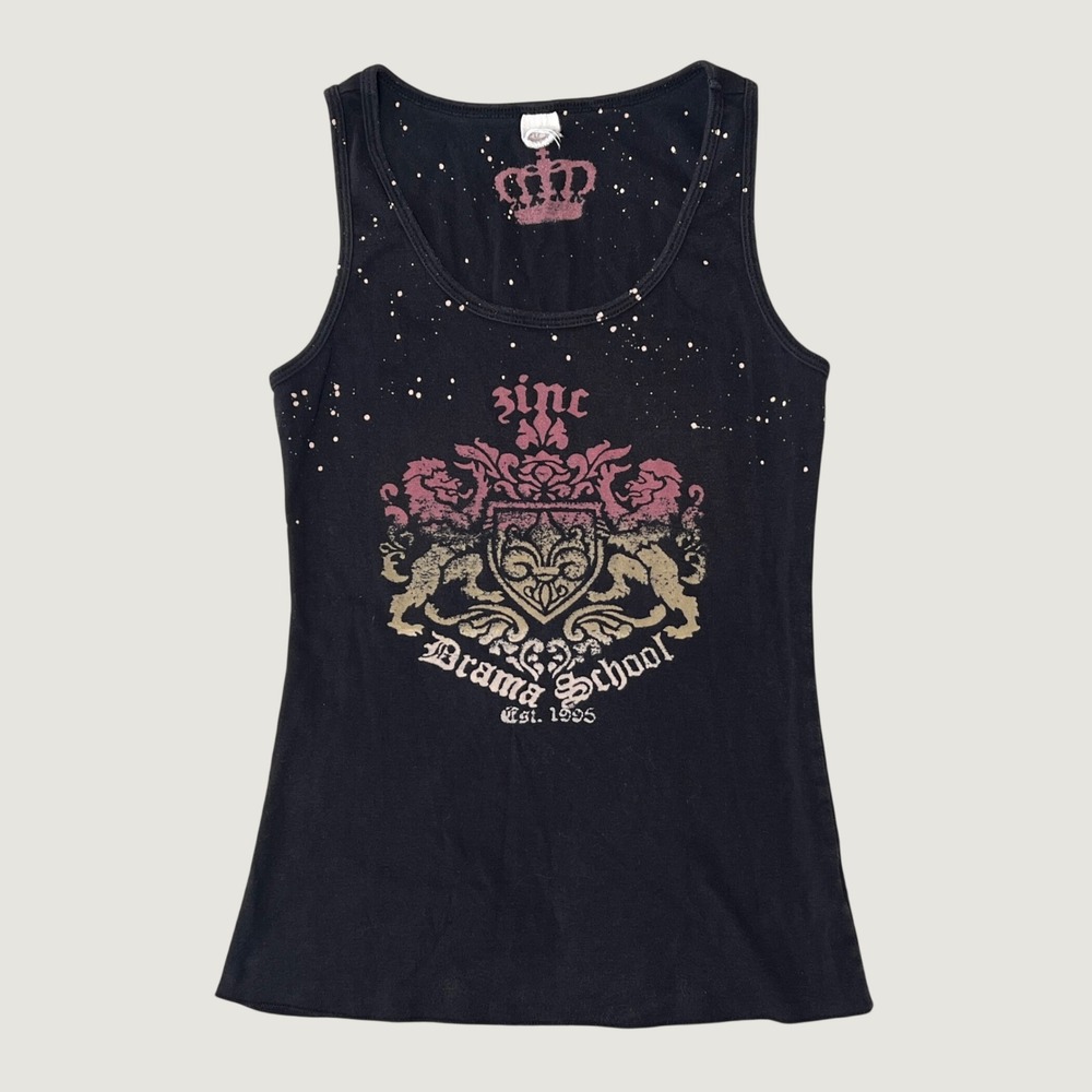 Vintage Y2K Black Tank Top Emo Grunge Scene Drama School Crest Splatter Large